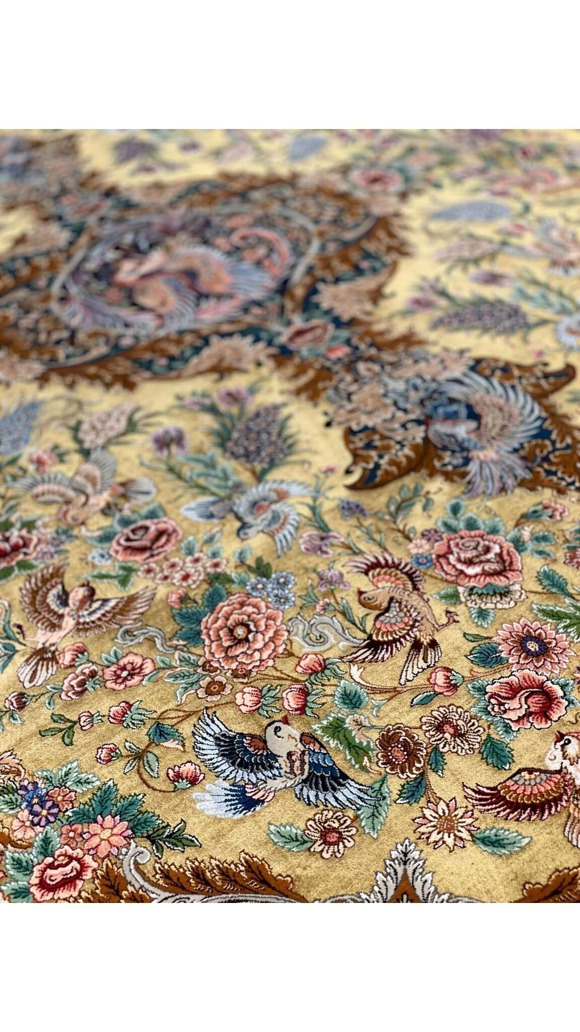 "Collectible wool and silk Persian carpet showcasing intricate craftsmanship."